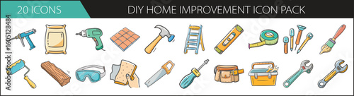 DIY Home Improvement Doodle Icon Set - Hand-drawn icon pack featuring tools, materials, and gear for home repairs and upgrades—perfect for DIY projects, hardware stores, and renovation content.
