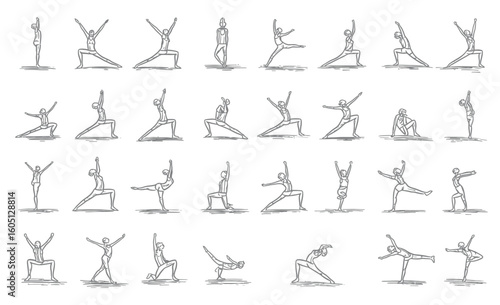 A collection of sketched yoga poses in various positions and orientations on a white background