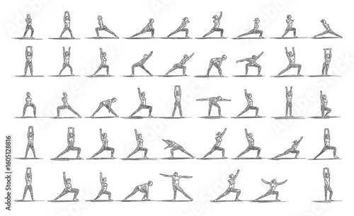 A collection of sketched figures in various yoga poses arranged in a grid pattern on a white background
