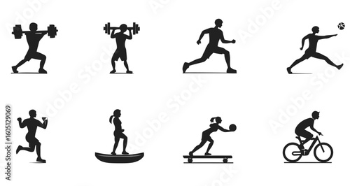 A collection of silhouette illustrations showing people participating in various sports activities and exercises