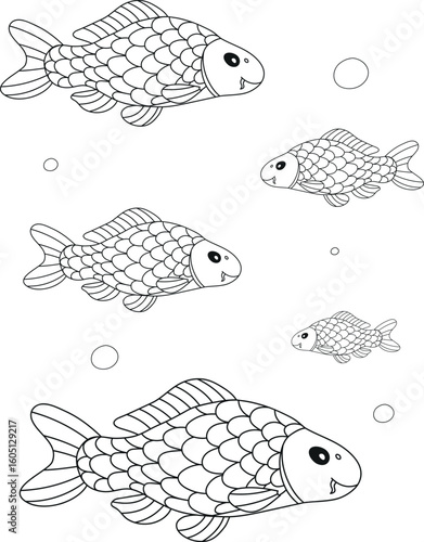 Connecting game with carp fishes. Match fish and food in correct size. Outline illustration. Vector worksheet for preschool children.