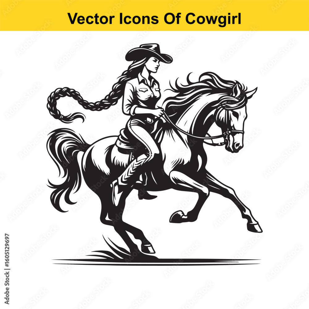 Obraz premium Cowgirl Riding Horse with Braid and Blowing Hat – Western Line Art Vector