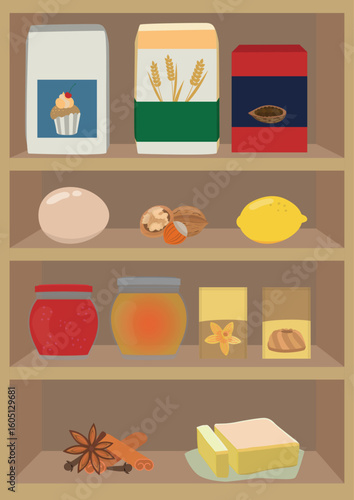 Pantry with food on shelves. Vector cartoon flat illustration. Grocery for baking.