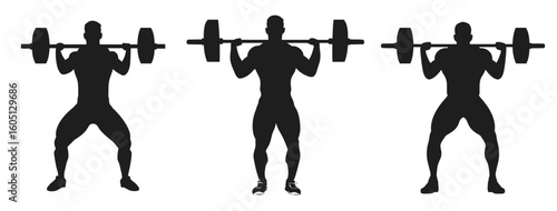 Silhouette illustration of three weightlifters performing squats with a barbell on their shoulders