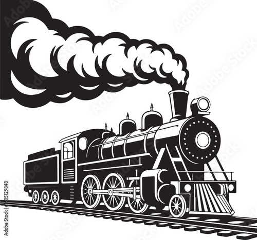 Vintage steam locomotive billowing smoke on tracks steam train black and white
