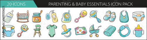 Parenting and Baby Essentials Doodle Icon Set - Adorable hand-drawn icon pack featuring baby care items, clothing, and toys—ideal for parenting blogs, baby stores, and childcare content.
