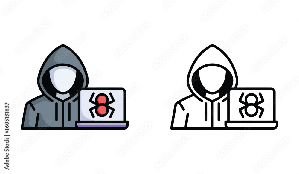 Obraz premium Cybersecurity Threat Illustration with Hacker Character and Virus on Laptop Screen, Modern Design
