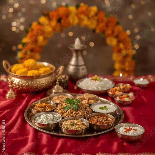 Bengali bhog  on brass thalis over scarlet silk. Marigold bokeh, candle glow, and rich textures evoke divine festive warmth.