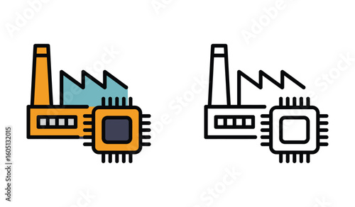 Iconographic Representation of Semiconductor Manufacturing with Factory Depiction and Microchip Symbolism Emphasizing Technological Production