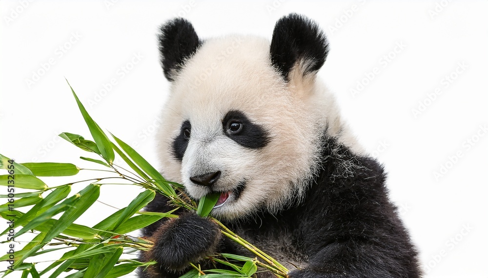 Naklejka premium cute panda cub eating a bamboo leaves isolated on transparent background generative ai