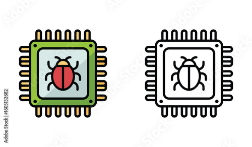 Debugging Innovation Computer Chip Icons Conveying Innovation and Troubleshooting Technological Glitches with Bug