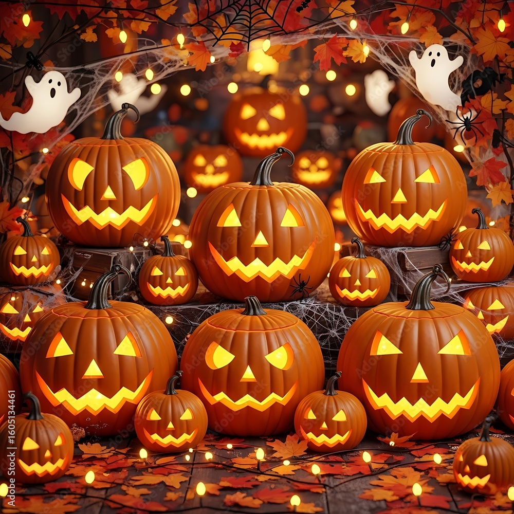 Fototapeta premium Many illuminated jack-o'-lanterns in a festive halloween scene.