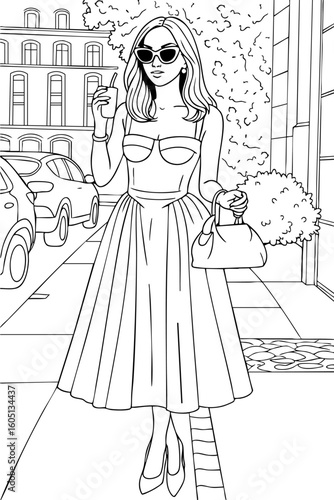 Stylish woman in sunglasses holding a drink and handbag, walking through a modern city street.