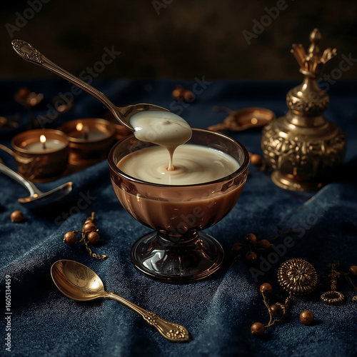 Baroque-style mishti doi in smoky glass bowl with caramel drip, candle-lit on velvet with antique ornaments. Dutch still life-inspired, shot for luxe editorial or fine art food showcase.