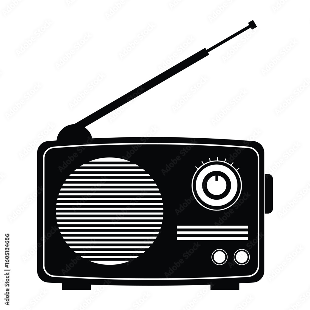 Fototapeta premium Retro radio silhouette vector icon. Black and white illustration of a vintage portable receiver with an antenna, isolated on a white background. Symbol for music, news, and broadcasting.