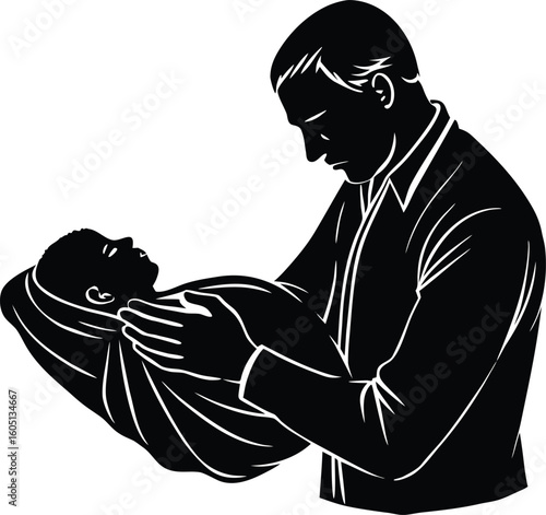 dad trying to swaddle silhouette,dad wrapping blanket around baby silhouette