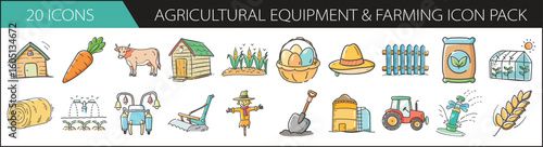 Agricultural Equipment and Farming Doodle Icon Set - Hand-drawn icon pack featuring farming tools, crops, livestock, and agricultural elements—perfect for farm life, sustainability, and rural content
