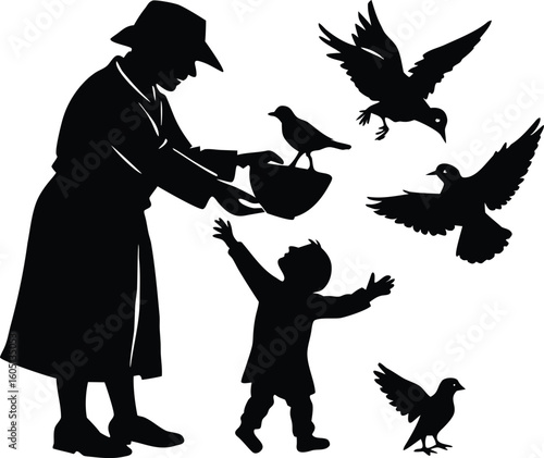 elder feeding birds with child silhouette,child throwing birdseed with elder silhouette