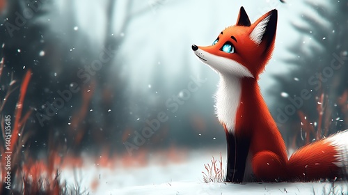 Cute fox in snowy forest