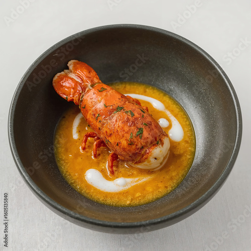 Butter-poached lobster in Malabar curry with spiced coconut foam, plated for luxury menu visuals. Styled on white linen with seashell textures and edited for vibrance and clarity.
