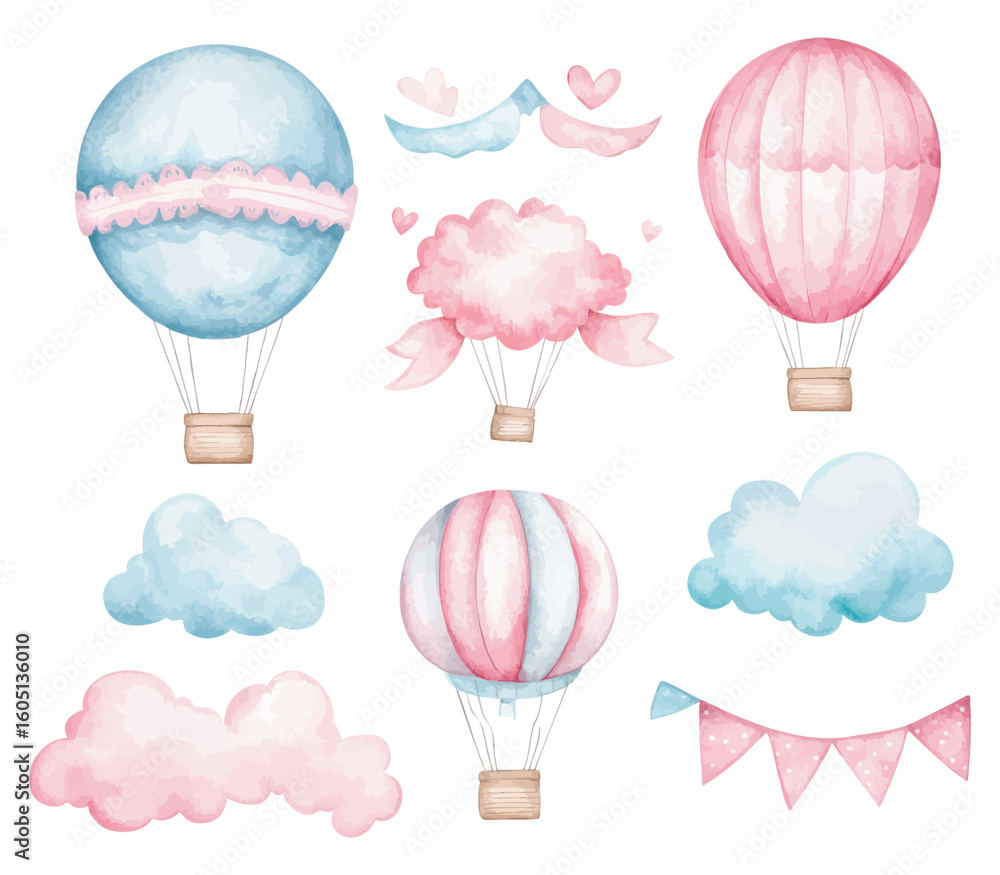 Obraz premium Watercolor Pink and Blue Hot Air Balloons with Clouds and Bunting
