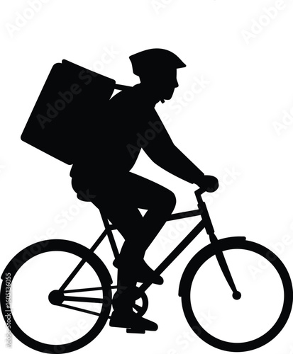 A delivery man riding a bicycle wearing a helmet silhouette, using flat solid black color design, vector illustration design on a white background 