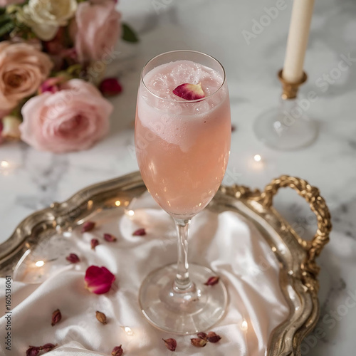 Elegant rose sherbet mocktail in vintage flute with bubbles and rose petal garnish, styled on silk tray with candle glow — ideal for wedding brunches or luxury high-tea menus.
