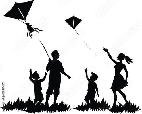 family flying kites at park silhouette,children running with kites silhouette