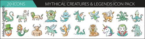 Mythical Creatures and Legends Doodle Icon Set - Whimsical hand-drawn icon pack featuring fantasy beasts, magical beings, and legendary monsters—great for games, folklore, and mythical storytelling.
