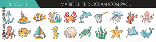 Marine Life and Ocean Doodle Icon Set - Colorful hand-drawn icon pack featuring sea animals, coral, shells, and ocean elements—perfect for marine education, beach themes, and aquatic designs.

