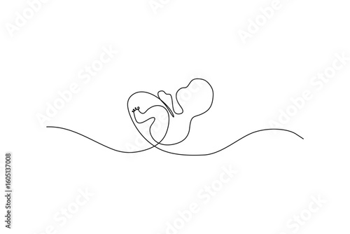 Simple continuous line art depicting an embryo, baby in the womb, on white backdrop