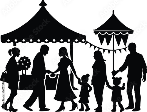 family visiting seasonal fair silhouette,family walking past carnival booths silhouette