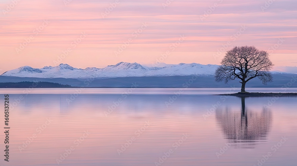 Peaceful lake sunrise, bare tree, snow-capped mountains Peaceful lake sunrise, bare tree, snow-capped mountains