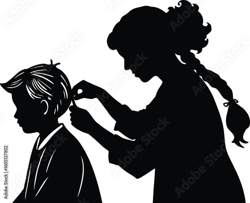 grandchild combing grandma hair silhouette,child brushing elder hair silhouette