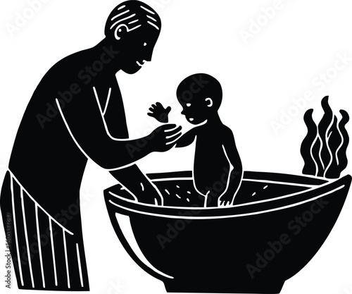 first bath with nervous dad silhouette,dad bathing baby for first time silhouette