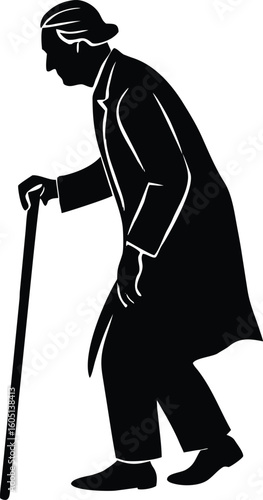 grandparent using walking stick silhouette,elder walking with cane silhouette