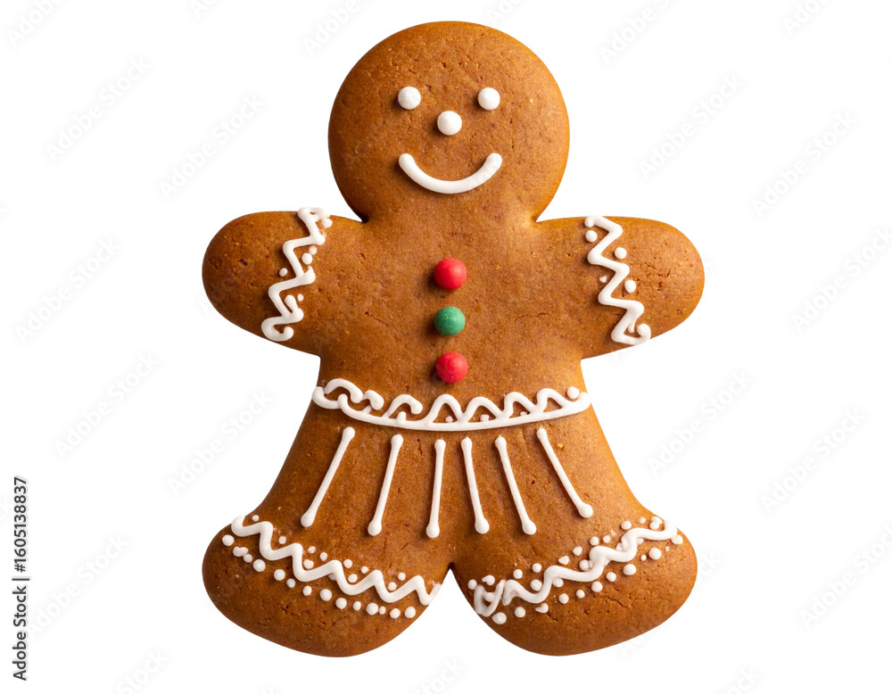 Gingerbread Woman Cookie in a Dress with Decorative Icing, Isolated on Transparent Background Gingerbread Woman Cookie in a Dress with Decorative Icing, Isolated on Transparent Background