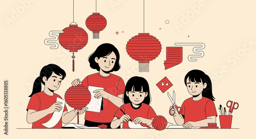 Family Prepares Traditional Lanterns Together For Mid Autumn Festival Illustration