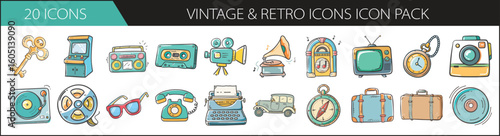 Vintage and Retro Doodle Icon Set Collection - Hand-drawn icon pack with nostalgic vintage and retro items like cameras, radios, TVs, and suitcases—great for retro designs and throwback themes.