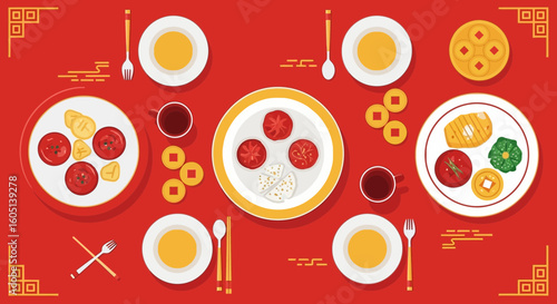 Festive Lunar New Year Feast Above View Of Traditional Dishes And Decorations