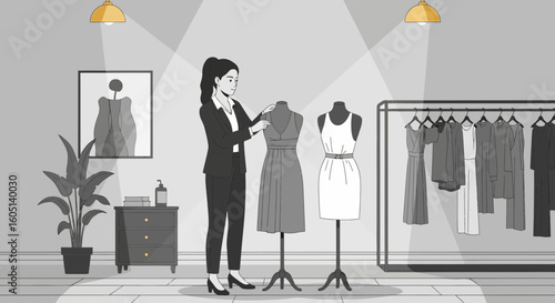 Fashion Designer At Work In Her Studio Inspecting Dresses On Mannequins