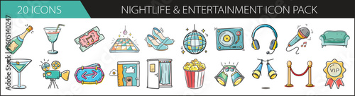 Nightlife and Entertainment Doodle Icon Set - Colorful hand-drawn icon pack featuring drinks, music, lights, and party elements—perfect for event promotions, club flyers, and entertainment apps.