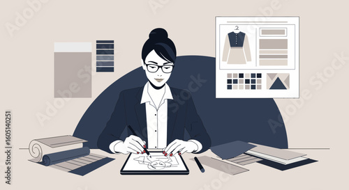 Fashion Designer Sketches New Collection Trends On Digital Tablet At The Workplace
