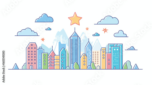 Cityscape Cartoon Drawing with Star - Urban Fantasy Illustration