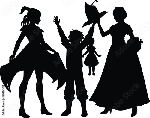 parents helping kids with costumes silhouette,mom tying superhero cape silhouette