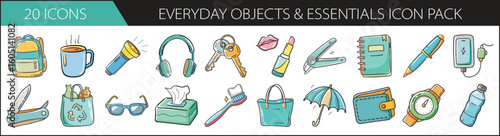 Everyday Objects and Essentials Doodle Icon Set - Hand-drawn icon pack featuring daily use items like keys, notebooks, water bottles, and glasses—ideal for lifestyle, planner, or utility designs. 