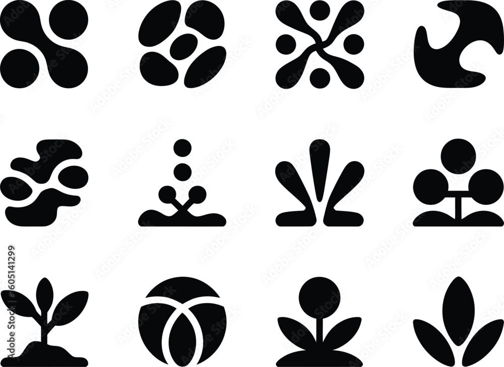 Collection of abstract organic shapes and plant icons in black and white Collection of abstract organic shapes and plant icons in black and white