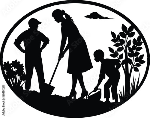 parents helping with spring cleanup silhouette,dad raking with child silhouette