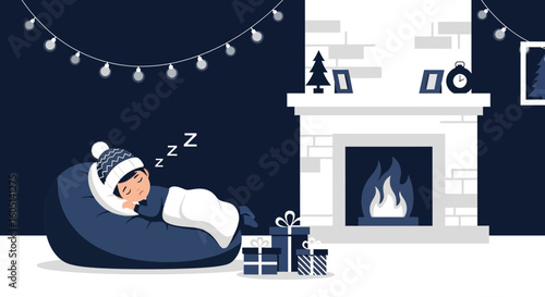 Festive Slumber A Child Snuggles Near Fireplace Christmas Presents Surround Him