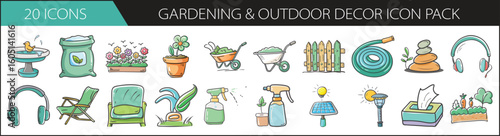 Gardening and Outdoor Decor Doodle Icon Set - Charming hand-drawn icons of gardening tools, plants, and patio decor—great for garden blogs, landscaping projects, and nature-themed designs. 